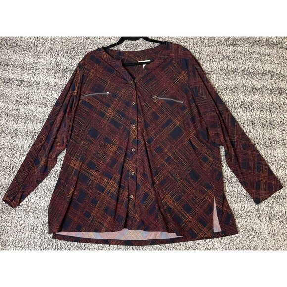 Susan Graver 2X Navy Blue Plaid Liquid Knit Button Up Tunic Zipper Pockets - Picture 1 of 7